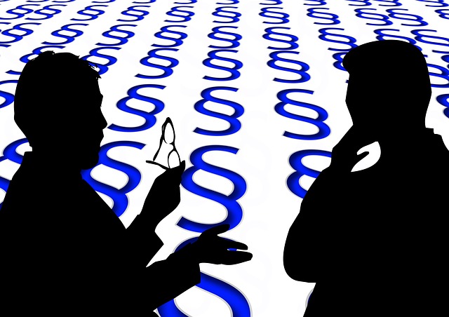 Bild Peer Counseling (© pixabay): Zeigt zwei Personen im Gespräch vor einem Paragraphen-Hintergrund.